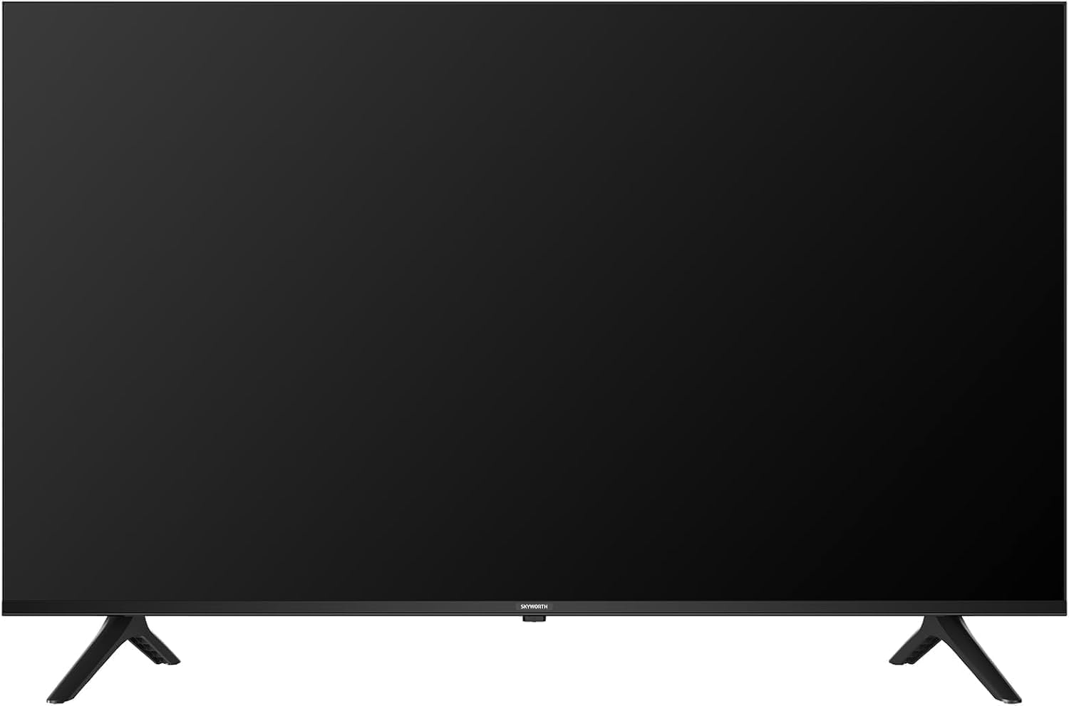 Skyworth 50 inch TV Kenya front view with slim black bezel and V-shaped stand on white background