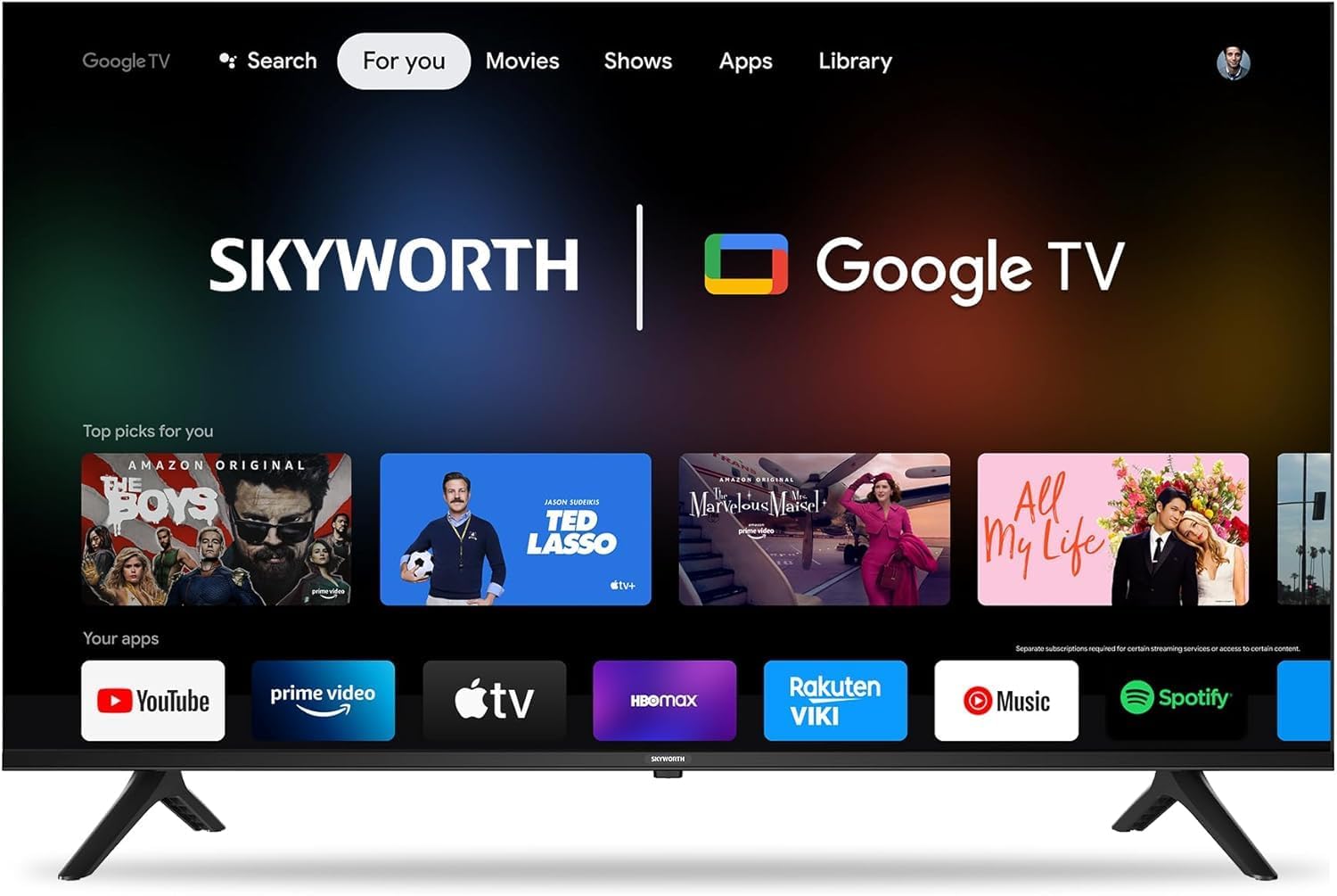 Skyworth 50 inch TV Kenya showing Google TV home screen with YouTube Netflix and streaming apps on display