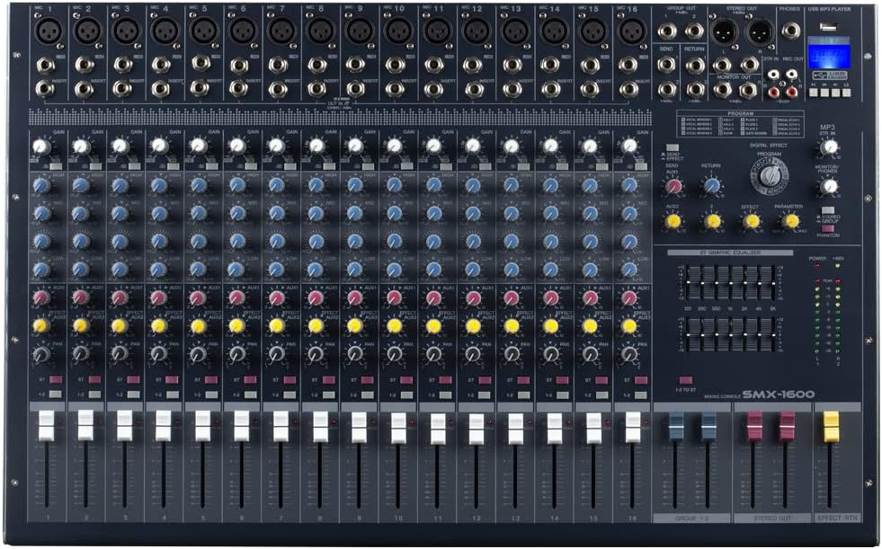 SMX-1600 mixer Kenya front view showing 16-channel fader layout and XLR inputs