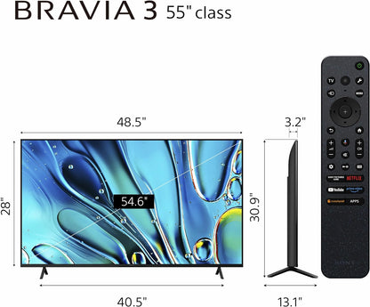 Sony BRAVIA 3 55 inch Kenya size diagram with remote, showing 48.5" width, 30.9" height and slim 3.2" depth