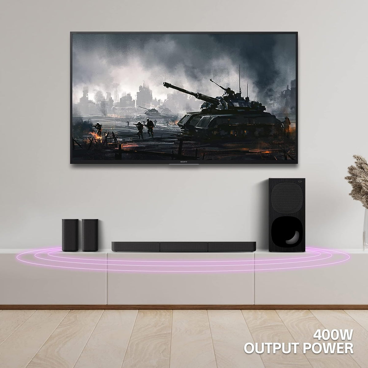 Sony HT-S20R Kenya 400W surround sound setup in living room with TV, rear speakers and subwoofer