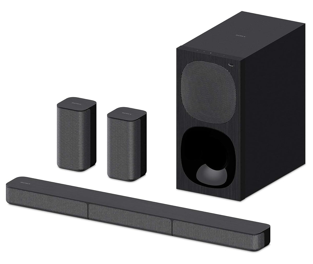 Sony HT-S20R Kenya full 5.1CH system – soundbar, subwoofer and two rear satellite speakers on white background