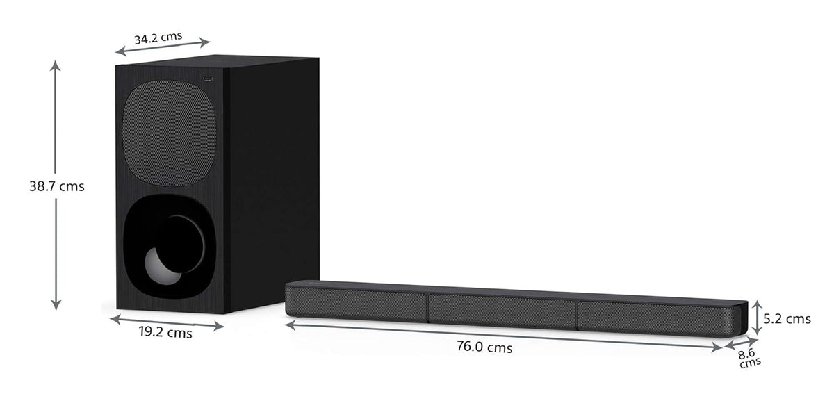 Sony HT-S20R Kenya soundbar and subwoofer dimensions diagram – 76cm bar, 38.7cm sub height shown