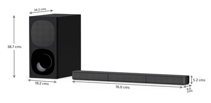 Sony HT-S20R Kenya soundbar and subwoofer dimensions diagram – 76cm bar, 38.7cm sub height shown