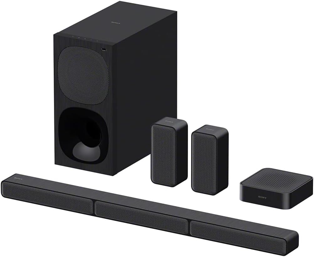 Sony HT-S40R home theatre Kenya — full 5.1CH system flat lay showing soundbar, subwoofer, two rear speakers and transmitter