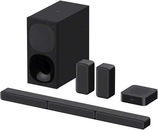 Sony HT-S40R home theatre Kenya — full 5.1CH system flat lay showing soundbar, subwoofer, two rear speakers and transmitter