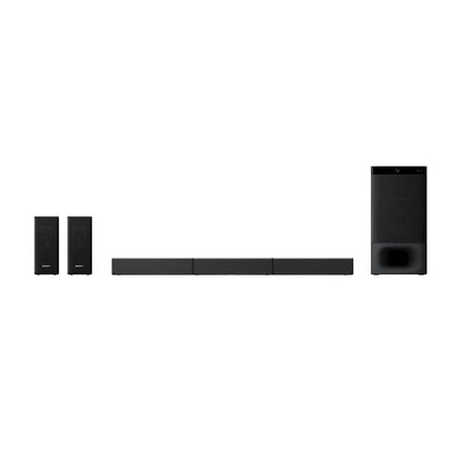 Sony HT-S500RF Kenya full system flat-lay: soundbar, wired subwoofer, and two rear satellite speakers on white