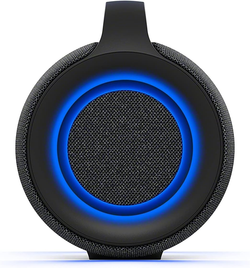 Sony SRS-XG500 Kenya front end close-up showing circular woofer grille with blue ambient lighting ring