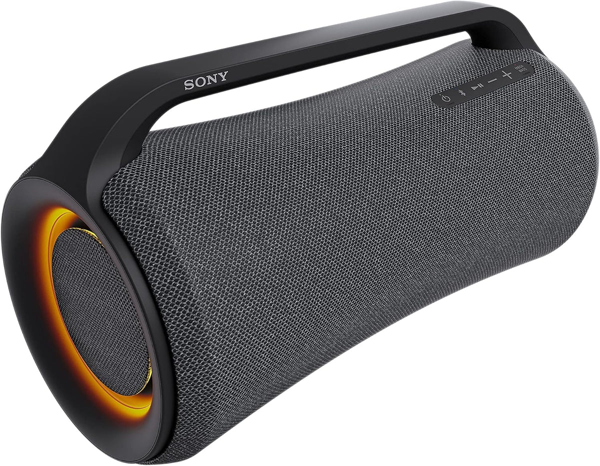 Sony SRS-XG500 Kenya angled 3/4 view showing fabric grille, carry handle, top controls and amber ring light