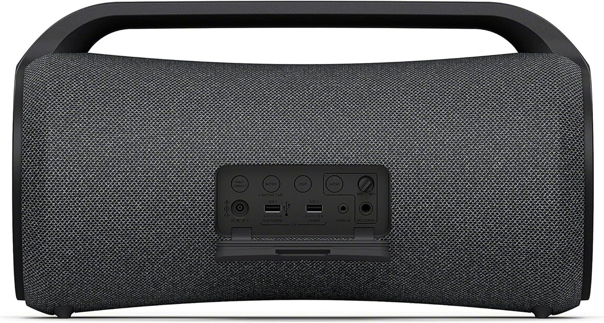 Sony SRS-XG500 Kenya rear panel showing USB-C, mic input, guitar input, and control buttons