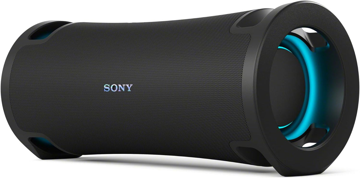 Front-angle view of Sony ULT Field 7 Kenya in black with cyan ring light glowing on right end and Sony logo on grille