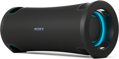 Front-angle view of Sony ULT Field 7 Kenya in black with cyan ring light glowing on right end and Sony logo on grille
