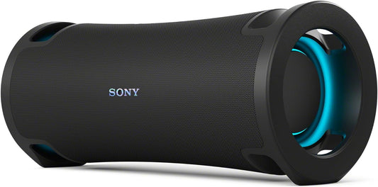 Front-angle view of Sony ULT Field 7 Kenya in black with cyan ring light glowing on right end and Sony logo on grille