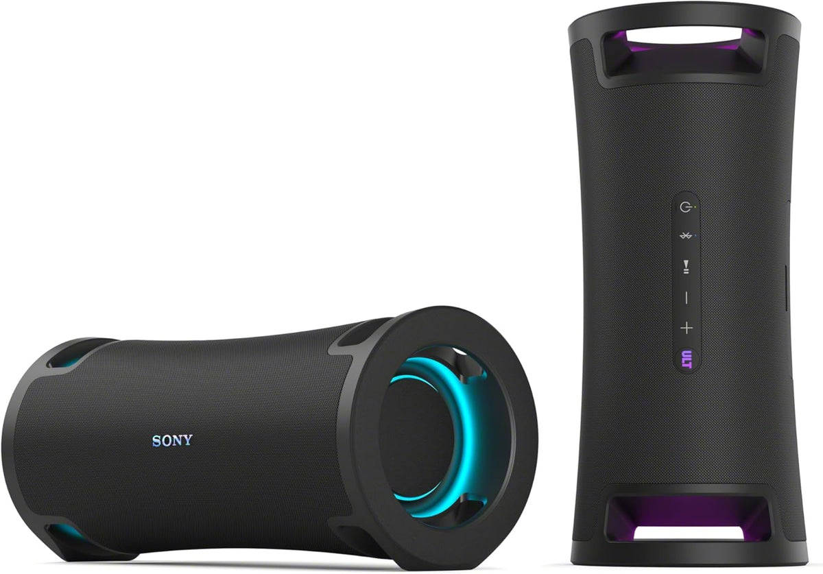 Sony ULT Field 7 Kenya shown horizontal with cyan light and vertical with purple lights, displaying control buttons