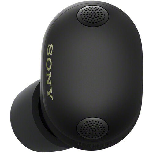 Sony WF-1000XM6 Kenya single black earbud close-up with Sony branding and mesh vents