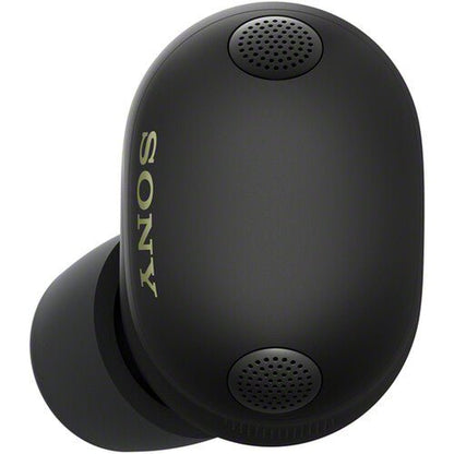 Sony WF-1000XM6 Kenya single black earbud close-up with Sony branding and mesh vents