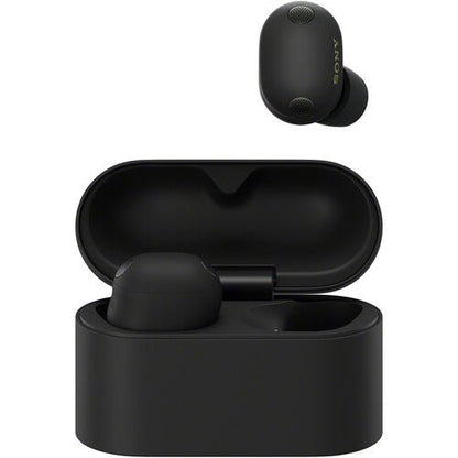 Sony WF-1000XM6 Kenya black earbud above an open charging case with one earbud inside