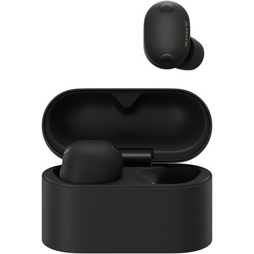 Sony WF-1000XM6 Kenya black earbud above an open charging case with one earbud inside