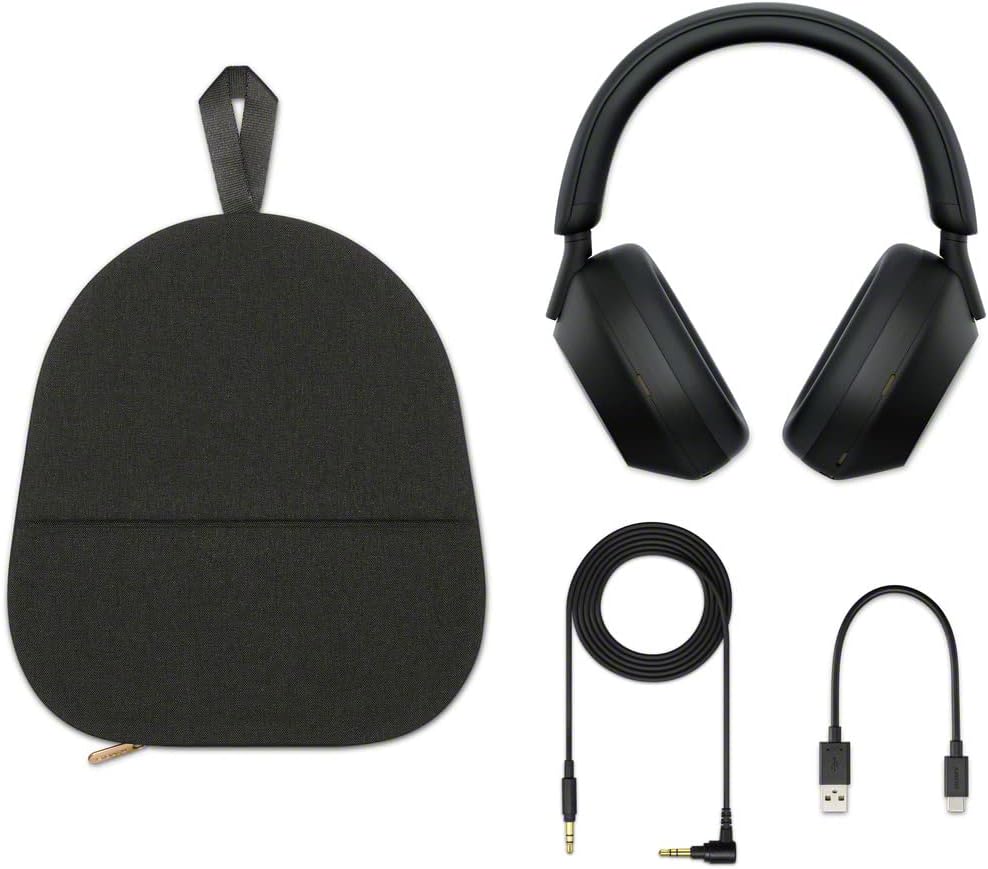 Sony WH-1000XM5 Kenya full box contents — headphones, carrying case, audio cable, and USB-C cable laid flat