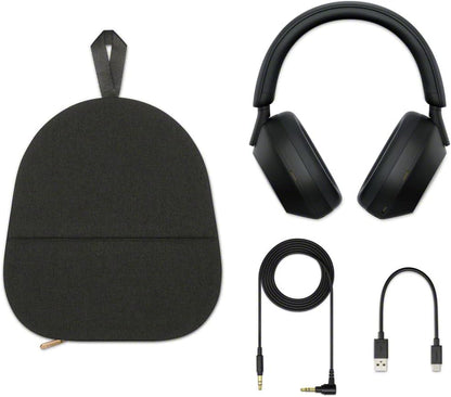 Sony WH-1000XM5 Kenya full box contents — headphones, carrying case, audio cable, and USB-C cable laid flat