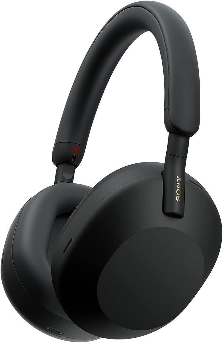 angle view of Sony WH-1000XM5 Kenya wireless headphones in black, showing Sony branding on ear cup