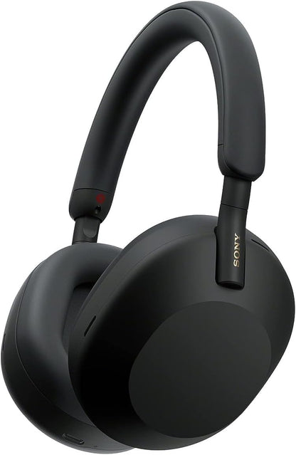 angle view of Sony WH-1000XM5 Kenya wireless headphones in black, showing Sony branding on ear cup