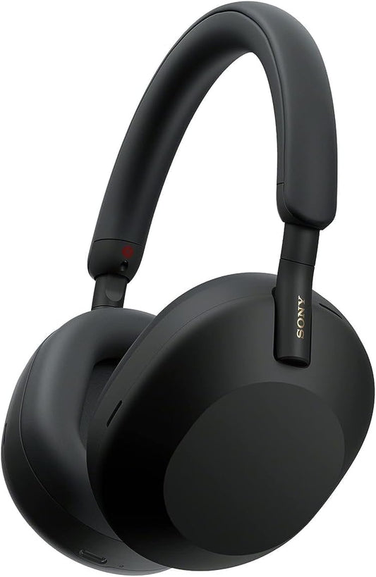 angle view of Sony WH-1000XM5 Kenya wireless headphones in black, showing Sony branding on ear cup
