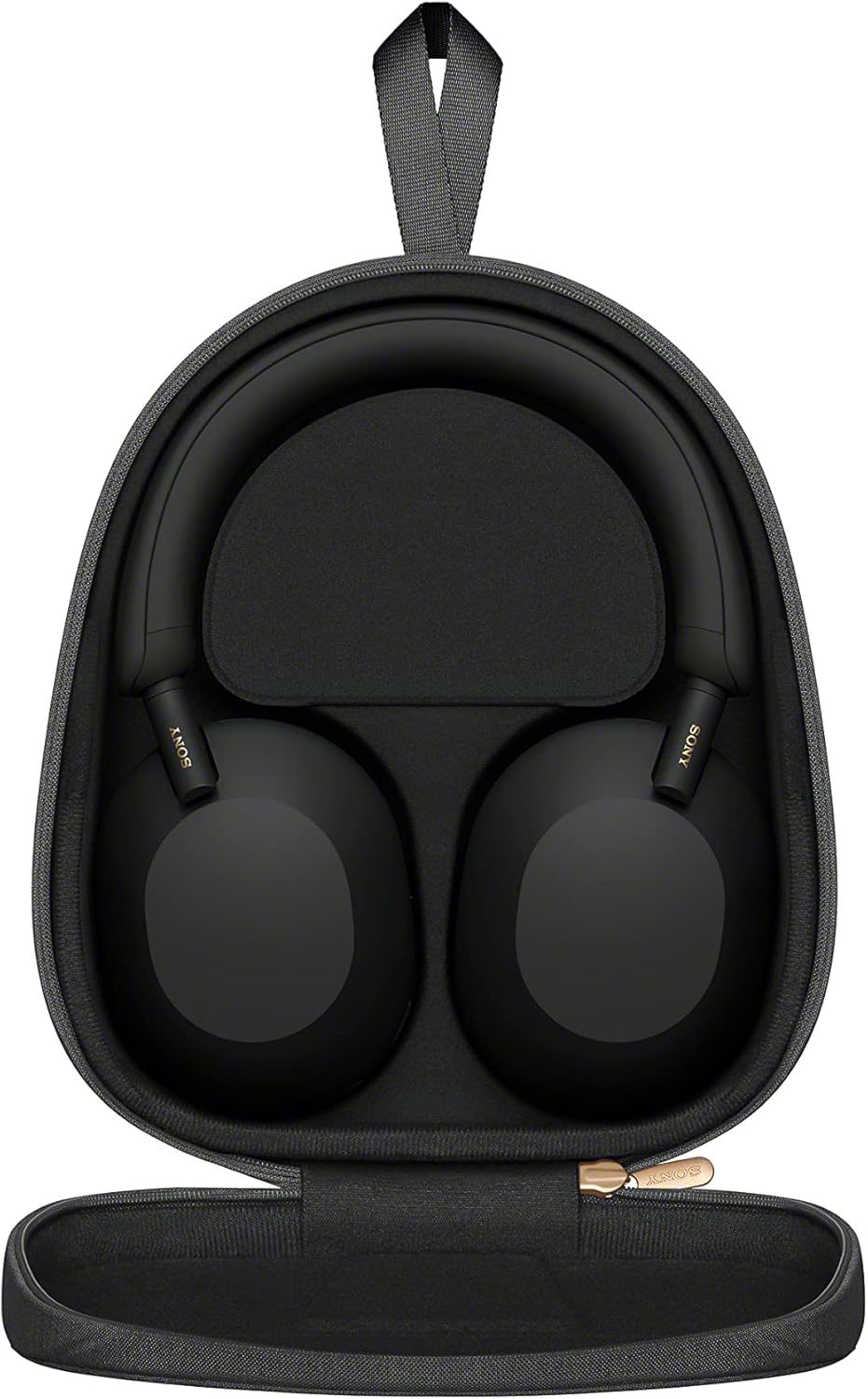 Sony WH-1000XM5 Kenya headphones stored inside open black carrying case, top-down view with zipper visible
