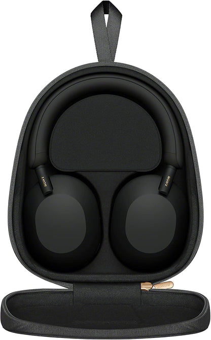 Sony WH-1000XM5 Kenya headphones stored inside open black carrying case, top-down view with zipper visible