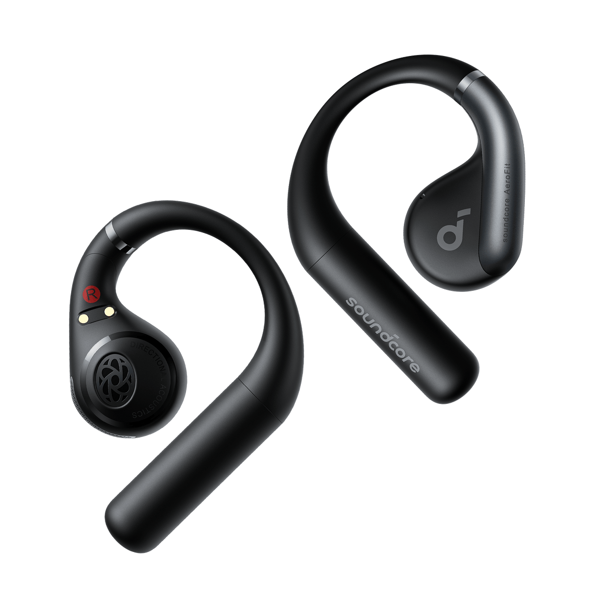 Soundcore AeroFit Kenya black open-ear wireless earbuds pair, both earbuds shown front view on white background