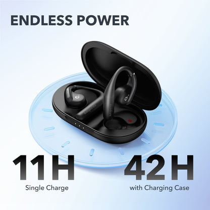 Soundcore AeroFit Kenya earbuds in open charging case showing 11H single charge and 42H total battery life