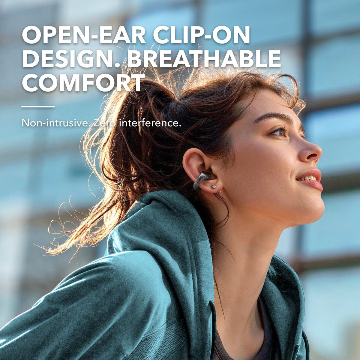 Soundcore C30i Kenya open-ear clip earbud worn on ear, lifestyle shot, breathable comfort outdoor setting