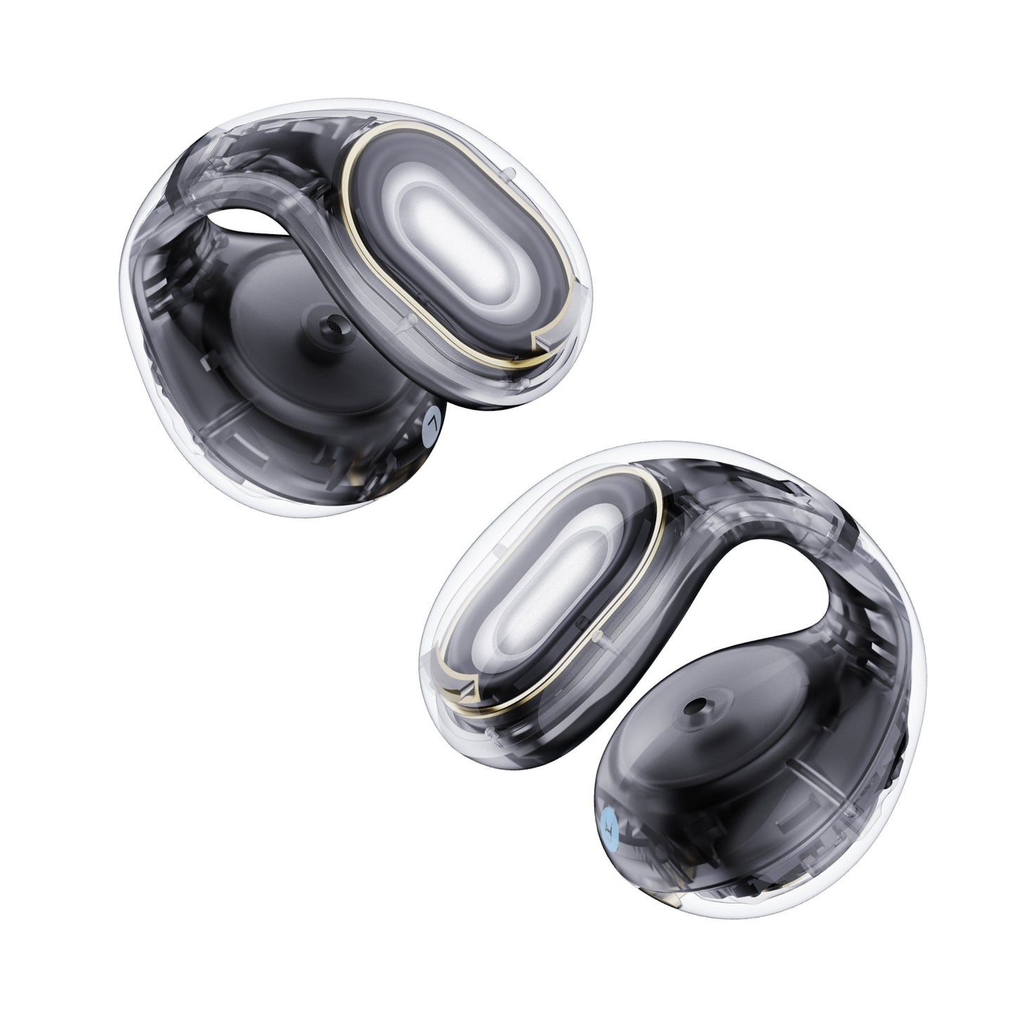 Soundcore C30i Kenya black open-ear clip earbuds pair, transparent body showing internal driver, top-down vie