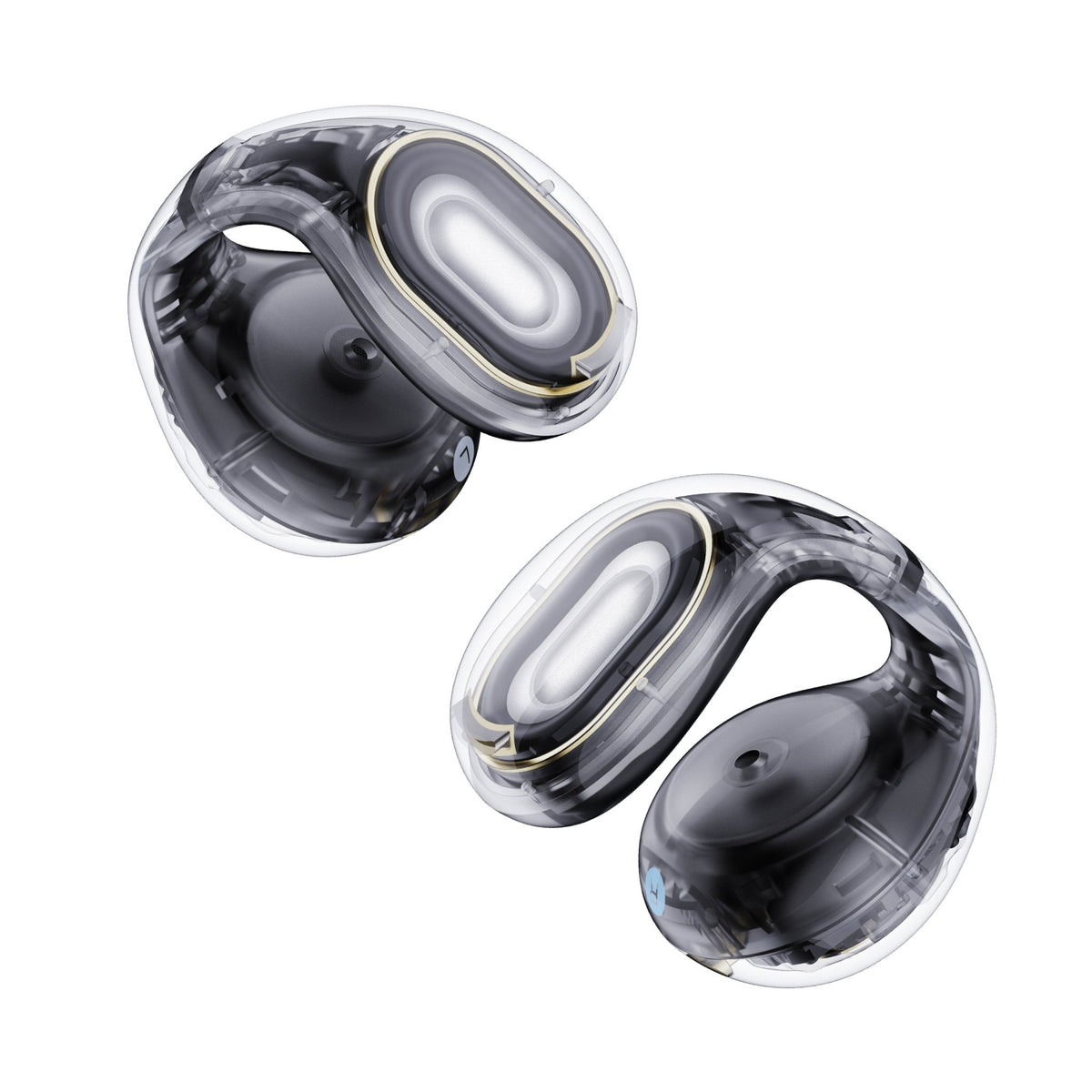 Soundcore C30i Kenya black open-ear clip earbuds pair, transparent body showing internal driver, top-down vie