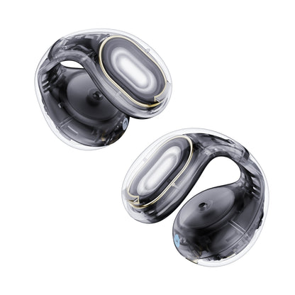 Soundcore C30i Kenya black open-ear clip earbuds pair, transparent body showing internal driver, top-down vie