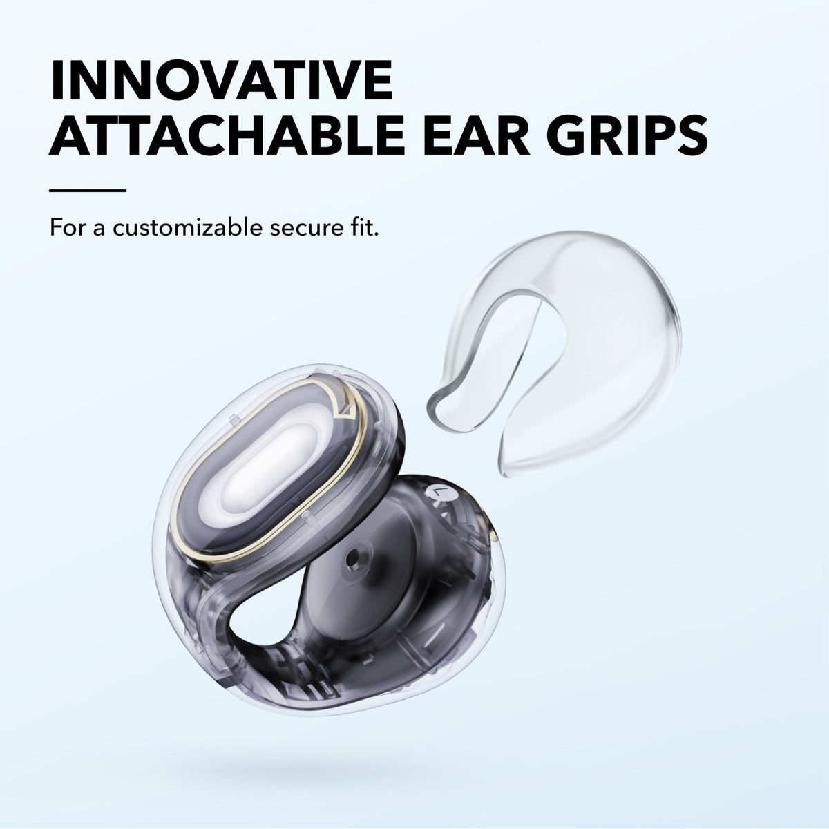 Soundcore C30i Kenya single earbud with detached clear ear grip accessory, attachable secure fit close-up
