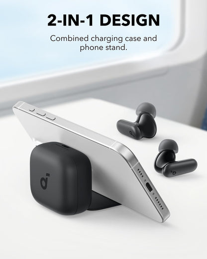 Soundcore P30i Kenya charging case used as phone stand with earbuds beside it, 2-in-1 design lifestyle shot