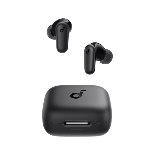 Soundcore P30i Kenya earbuds floating above open matte black charging case, white background, top-down product view