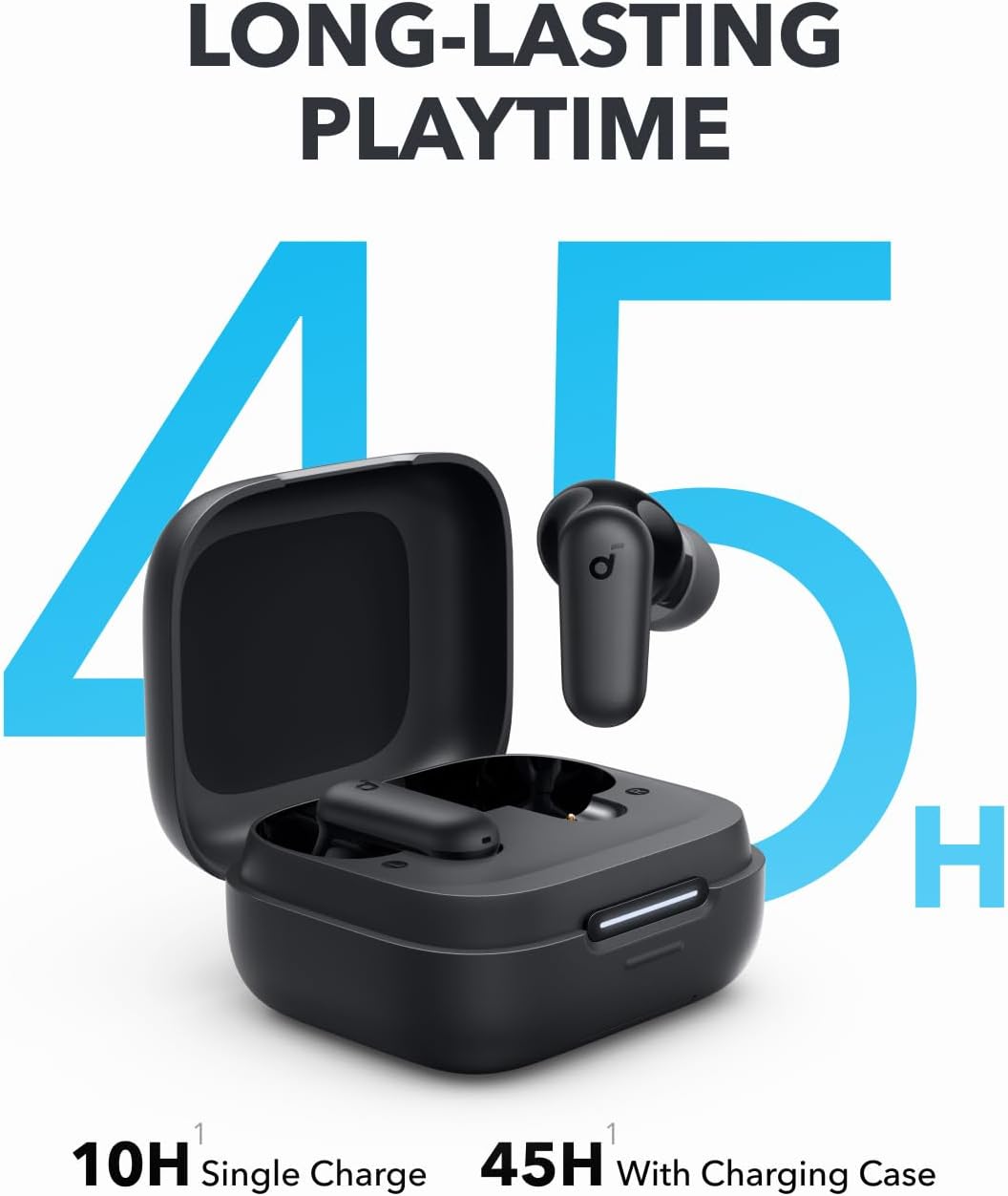 Soundcore P30i Kenya open charging case with one earbud inserted, 45H long-lasting playtime infographic