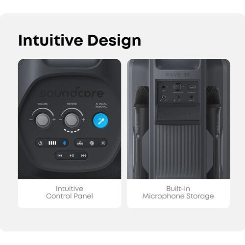 Soundcore Rave 3S karaoke speaker Kenya top control panel close-up and rear built-in dual microphone storage slots