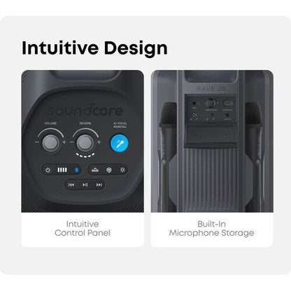 Soundcore Rave 3S karaoke speaker Kenya top control panel close-up and rear built-in dual microphone storage slots