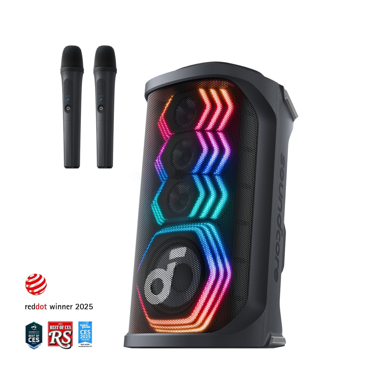 Soundcore Rave 3S karaoke speaker Kenya with two wireless mics LED light show active Red Dot Winner 2025