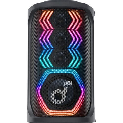 Soundcore Rave 3S karaoke speaker Kenya straight-on front view showing three full-range drivers woofer and LED rings