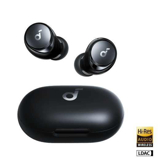 Soundcore Space A40 Kenya — black TWS earbuds and wireless charging case, Hi-Res Audio LDAC badges visible