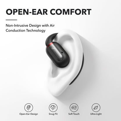 Soundcore V30i Kenya single earbud worn on ear model, open-ear air conduction fit, snug hook, soft touch finish