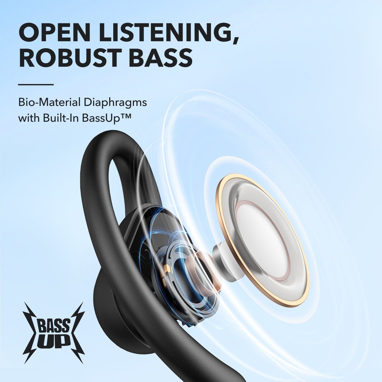 Soundcore V30i Kenya BassUp driver exploded view showing bio-material diaphragm and air conduction sound waves