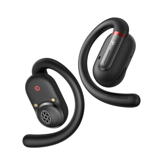 Soundcore Soundcore V30i Kenya open-ear earbuds shown floating, black with red accents, over-ear hook design visible