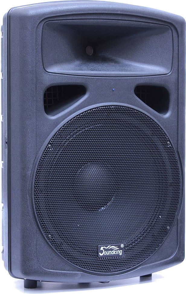 Soundking FP215A-1 Kenya dual 15-inch active PA speaker front view, black cabinet with compression horn