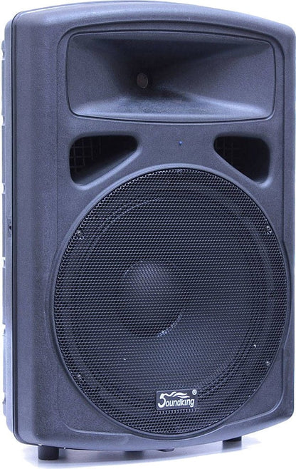 Soundking FP215A-1 Kenya dual 15-inch active PA speaker front view, black cabinet with compression horn