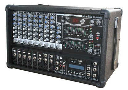 Soundskill RX-9800USB powered mixer channel strip detail showing 3-band EQ and phantom power switch
